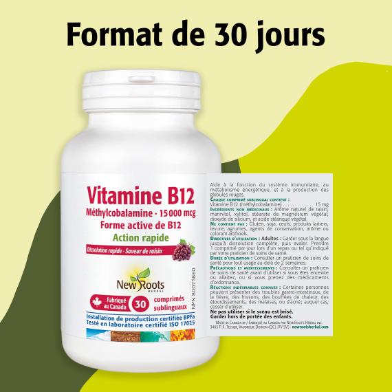 Vitamine B12 Méthylcobalamine · 15 000 mcg (Comprimés sublinguaux)